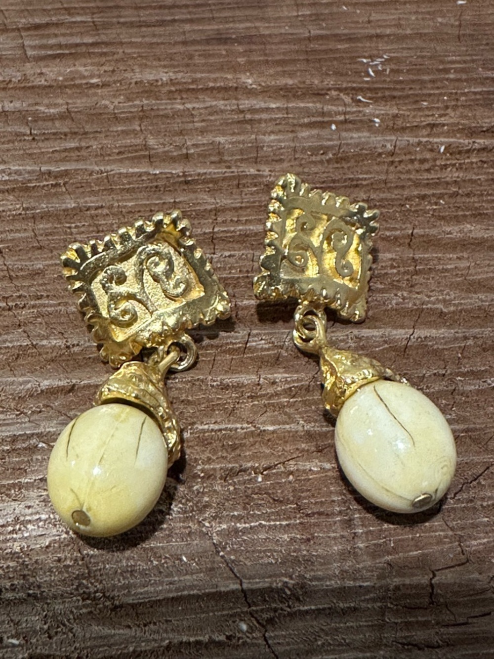 Gold-Tone Drop Earrings with Cream Bead Accent